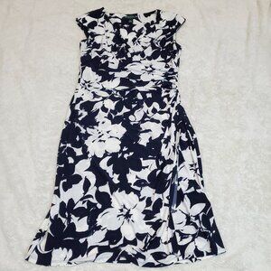Lauren Ralph Lauren Navy Blue White Hawaiian Floral Sleeveless Faux Wrap Dress 8